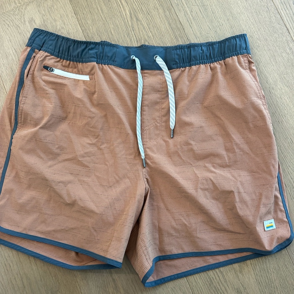 Vuori Tan and Gray Swim Shorts